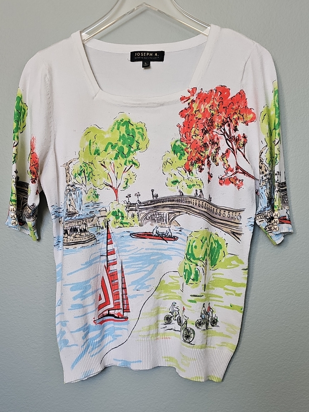 Joseph A. Cityscape Printed Short Sleeve Sweater Top in White Size Large Vintage